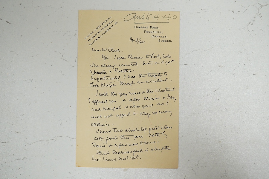 Archive of the Courthouse Farm Stud, Offham near Lewes and the Clark family, 1900-2014, including an important series of letters from Lady Anne Blunt at the Sheyk Obeyd Stud, Ain Shems, Egypt, 1912-1917, and her daughter